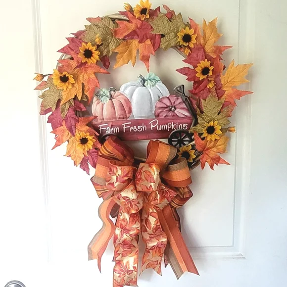 Host Pick Fall Harvest Wreath Bows Pumpkins Sunflowers Oak Leaves - Picture 2 of 8